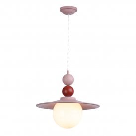 red and pink single ceiling pendant with two ball design in red and blue with matching ceilig rose and opal glass shade