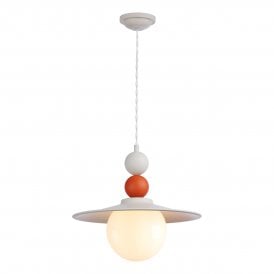 orange and cream single ceiling pendant with two ball design in red and blue with matching ceilig rose and opal glass shade