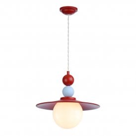red and blue single ceiling pendant with two ball design in red and blue with matching ceilig rose and opal glass shade