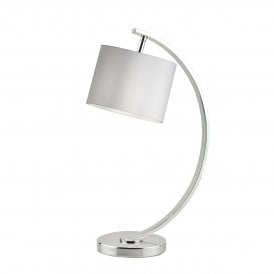  brushed chrome Table Lamp with white slubbed linen drum shade curved ribbon stem and round base.