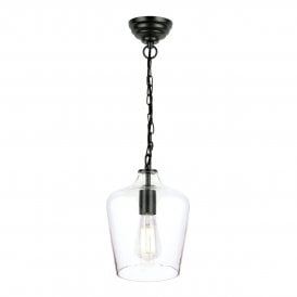 single bottle ceiling glass pendant with matt black frame, ceiling rose and hanging chain with white braided cable