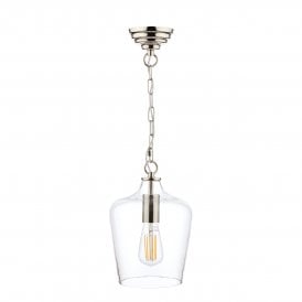 Single Ceiling Pendant Light in Polished chrome with Clear glass bottle shaped shade with including ceiling rose