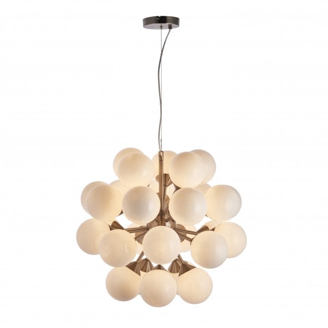 Oscar 28 Light Mid Century Style Pendant | Brushed Nickel & Gloss White Globe Shades