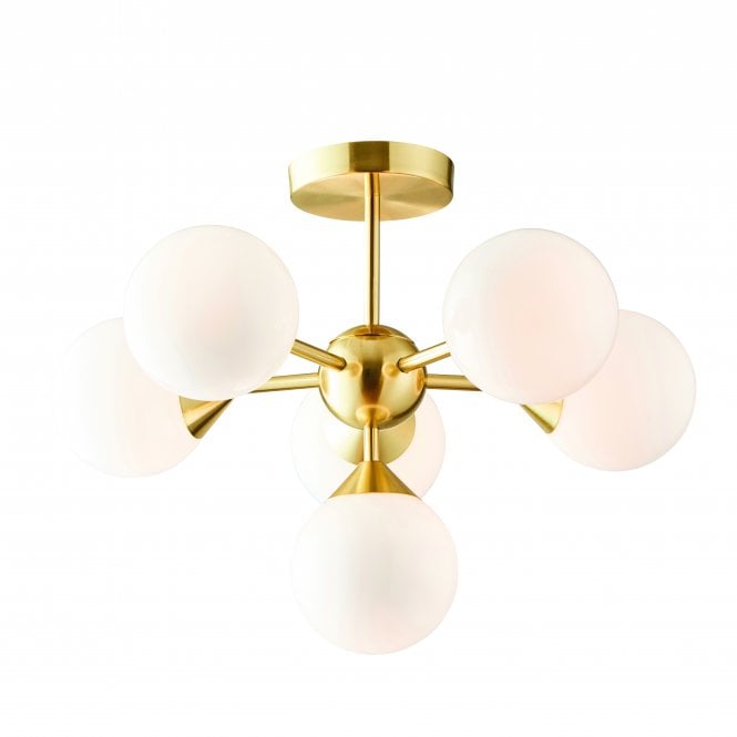 OSCAR 6 Semi Flush Ceiling Light | Satin Brushed Gold Effect Arms & Gloss White Glass