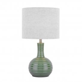 Green Ceramic Table Lamp with ribbed antique brass metal detail including oatmeal natural linen lamp shade