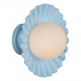 Amalfi Blue single ceramic wall light with scalloped fluted edges, included with white opal globe bulb