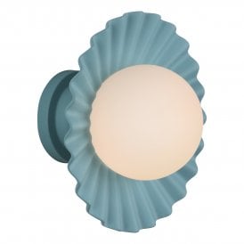 River Blue single ceramic wall light with scalloped fluted edges, included with white opal globe bulb