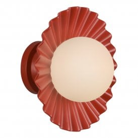 Strawberry red single ceramic wall light with scalloped fluted edges, included with white opal globe bulb