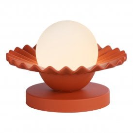 red table lamp with fluted and scalloped edges, one opal glass shade in dome or globe style touch activated