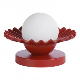 strawberry red table lamp with fluted and scalloped edges, one opal glass shade in dome or globe style touch activated