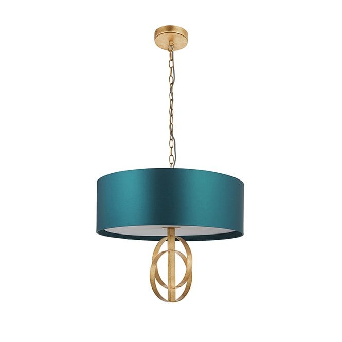 RIDLEY Double Hoop Gold Leaf Pendant Light With Large Teal Shade