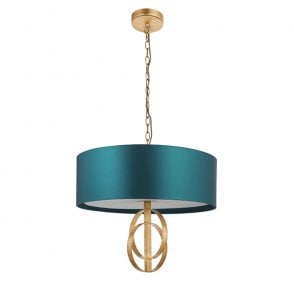RIDLEY Double Hoop Gold Leaf Pendant Light With Large Teal Shade