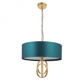 RIDLEY Double Hoop Gold Leaf Pendant Light With Large Teal Shade