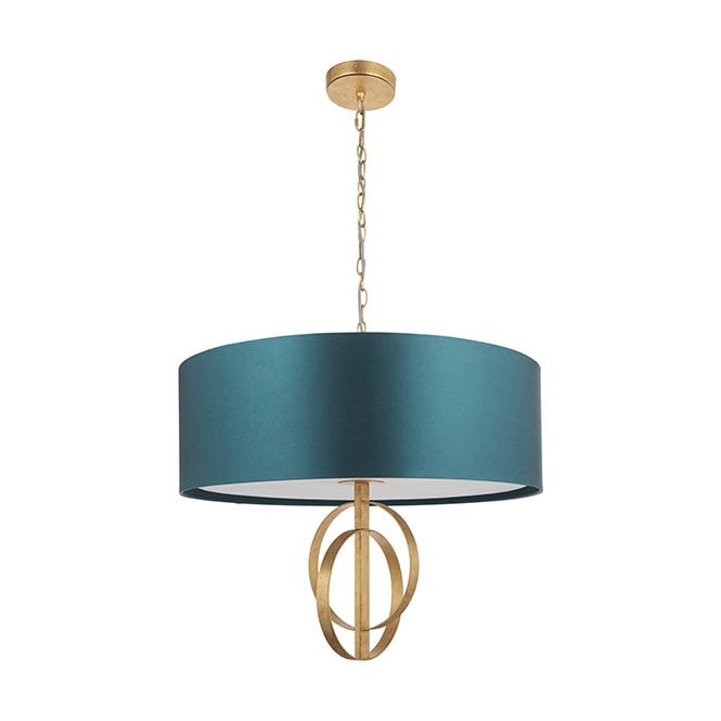 RIDLEY Double Hoop Gold Leaf Pendant Light With Xl Teal Shade