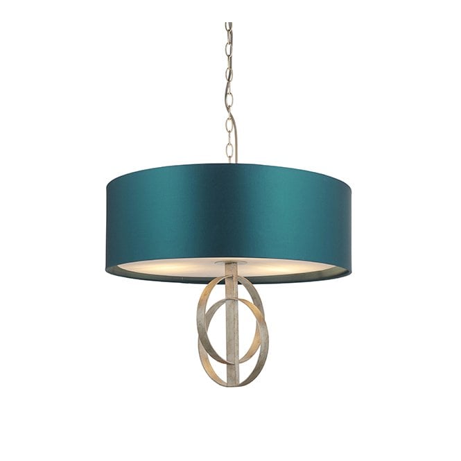 RIDLEY Double Hoop Silver Leaf Pendant Light With Large Teal Shade