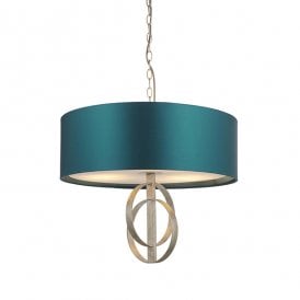 RIDLEY Double Hoop Silver Leaf Pendant Light With Large Teal Shade