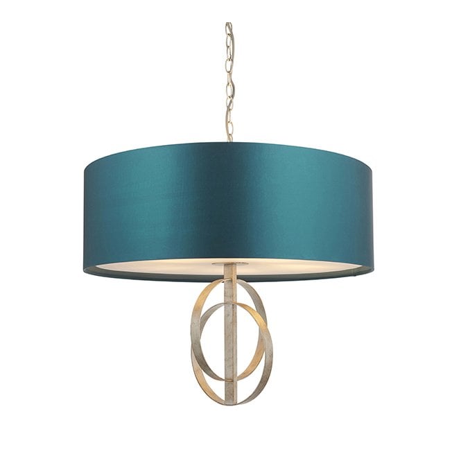 RIDLEY Double Hoop Silver Leaf Pendant Light With Xl Teal Shade