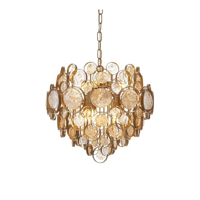 ROLEAU Antique Gold Chandelier With Clear And Amber Glass Details