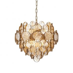 ROLEAU Antique Gold Chandelier With Clear And Amber Glass Details