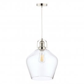 Single Ceiling Pendant Light in Polished nickel with Clear glass goblet shaped shade with including ceiling rose