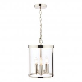 3 Light Lantern ceiling pendant in polished nickel with matching ceiling rose and hanging chain