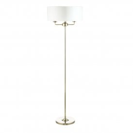 3 Light Floor Lamp in Antique Brass with Ivory and pearlised inner in Faux Silk drum Shade with 3 arms 