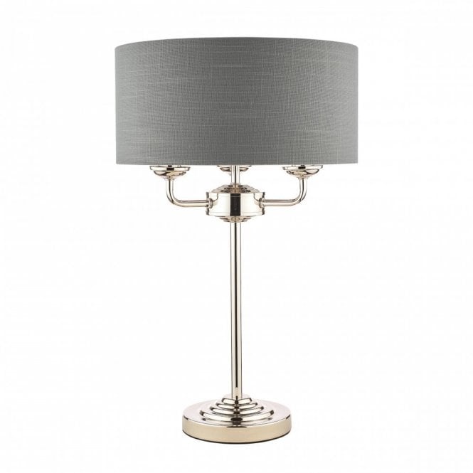 SORRENTO Polished Nickel 3 Light Table Lamp with Charcoal Shade
