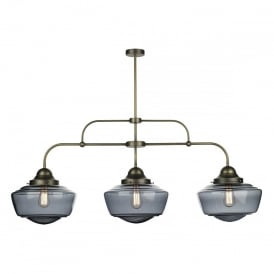 STOWE 3 Light Smoke Glass Ceiling Pendant with 2 Tier Antique, Vintage Brass