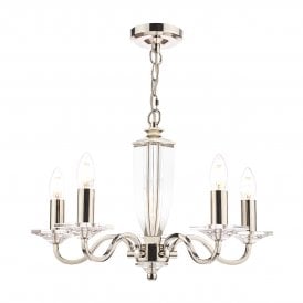 5 Light Armed Cut Glass Chandelier in polished nickel with cut crystal glass